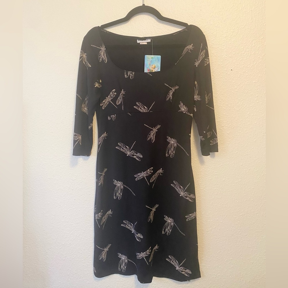 Dragonfly Print Black Stretch 1990s Dress by Rampage